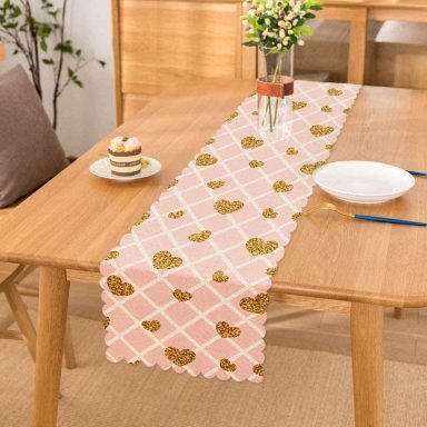 Damalı Pudra Renkli Altın Kalpler Özel Tasarım Runner