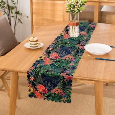 Lacivert Zeminli Leopar Özel Tasarım Dekoratif Runner