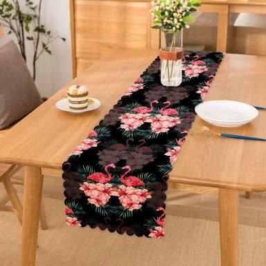 Siyah Zeminde Lilyum ve Flamingo Özel Tasarım Runner
