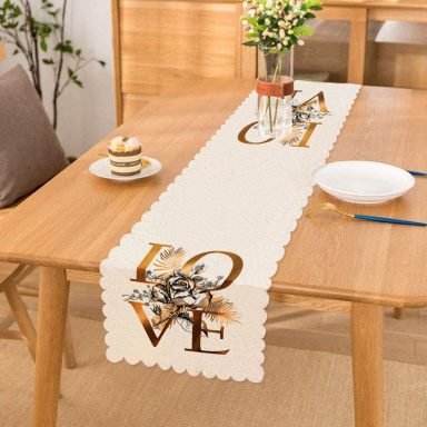 Altın Varaklı Love Tasarımlı Modern Dekoratif Özel Tasarım Runner