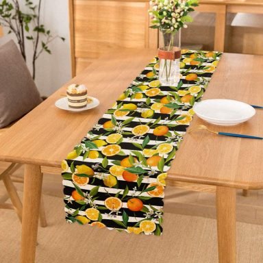 Çizgili Siyah Zeminli Limon Desenli Dekoratif Özel Tasarım Runner