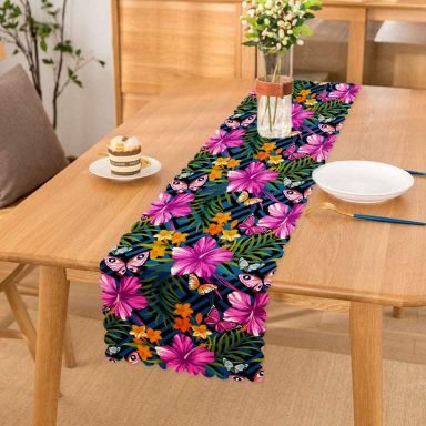 Mavi Zeminli Geometrik Çiçekler Modern Tasarımlı Özel Tasarım Runner