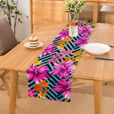 Mavi Geometrik Zeminli Çiçekler Modern Tasarım Özel Tasarım Runner