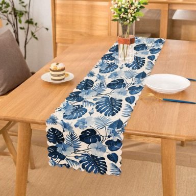 Mavi Amazon Yaprakları Özel Tasarımlı Dekoratif Özel Tasarım Runner