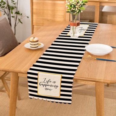 Siyah Beyaz Gold Yazılı Modern Dekoratif Runner