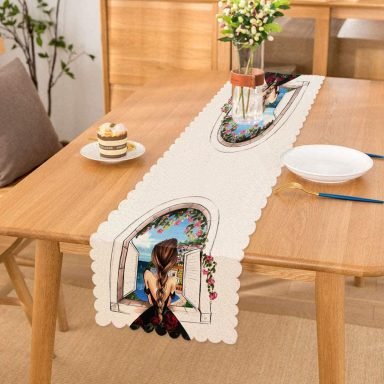 Mutluluk Manzarası Suluboya Çizimli Özel Tasarım Dekoratif Runner