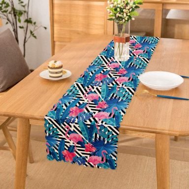 Geometrik Mavi Pempe Flamingo Tasarımlı Dijital Baskılı Özel Tasarım Runner