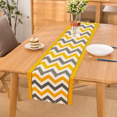 Sarı Gri Zigzag Desenli Dijital Baskılı Runner