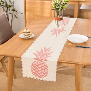 Beyaz Zeminde Pembe Ananas Tasarımlı Dijital Baskılı Runner
