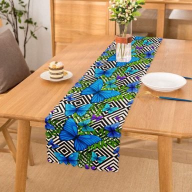 Geometrik Zeminli Mavi Kelebek Baskılı Özel Tasarım Runner