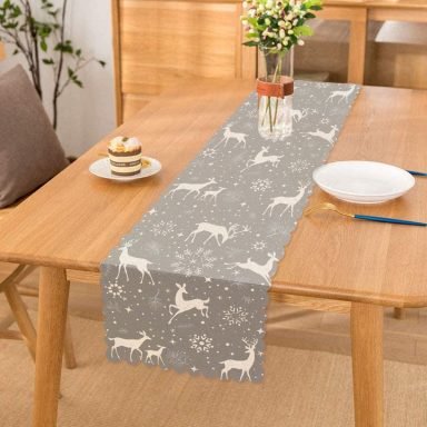 Gri Zeminli Geyikler ve Kar Taneleri Tasarımlı Dijital Baskılı Özel Tasarım Runner