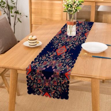 Realhomes Lacivert Zeminli Etnik Motifler Dijital Baskılı Modern Runner