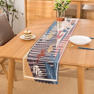 Geometrik Zeminde Yaprakların Uyumu Dijital Baskılı Runner