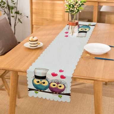 Baykuş Desenli Dijital Baskılı Dekoratif Özel Tasarım Runner