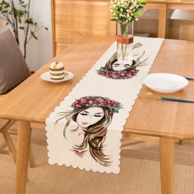 Beyaz Zeminde Rankli Kalem Çizimli Dekoratif Modern Runner