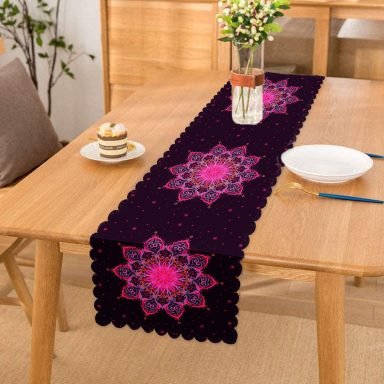 Siyah Zeminde Pembe Neon Mandala Desenli Dekoratif Runner