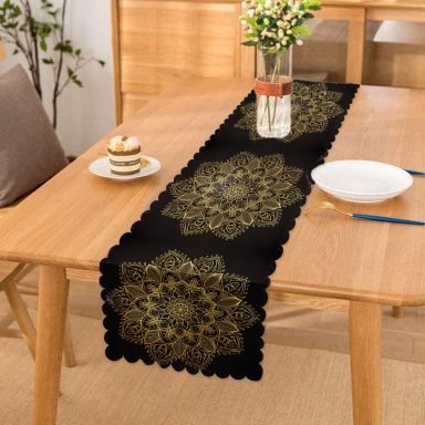 Siyah Zeminde Gold Mandala Motifli Runner