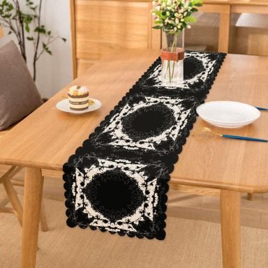 Siyah Zeminde Kare Mandala Desenli Özel Tasarım Runner