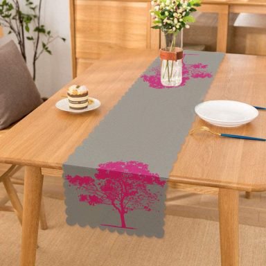 Gri Zeminde Dekoratif Fuşya Ağaç Tasarımlı Runner