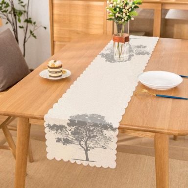 Dekoratif Beyaz Zemimde Gri Ağaç Desenli Runner