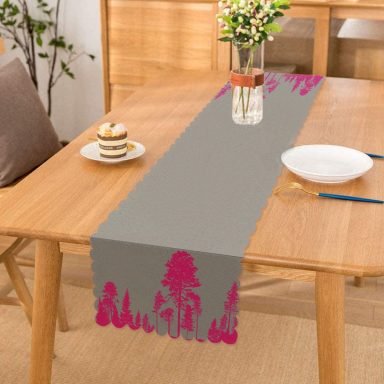 Gri Zeminde Fuşya Ağaç Tasarımlı Dekoratif Runner