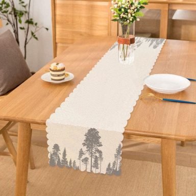 Beyaz Zeminde Gri Ağaç Tasarımlı Dekoratif Runner