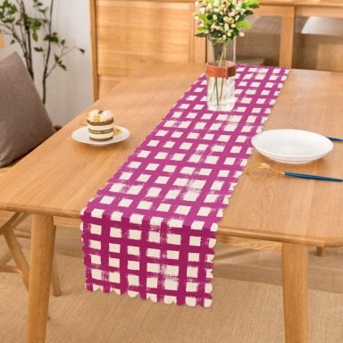 Lacivert Zeminde Geometrik Kare Motifli Dekoratif Runner