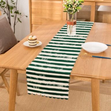 Koyu Yeşil Çizgili Motifli Dekoratif Modern Runner
