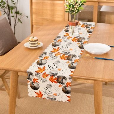Mermer Desen Ve Kuru Yaprak Motifli Dekoratif Runner