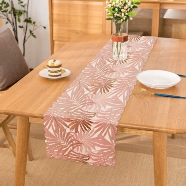 Pembe Tropik Yaprak Motifli Özel Tasarım Dijital Baskılı Runner