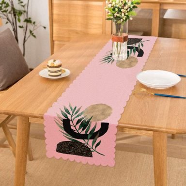 Pembe Zemin Üzerinde Soyut Yaprak Çizimli Dekoratif Runner