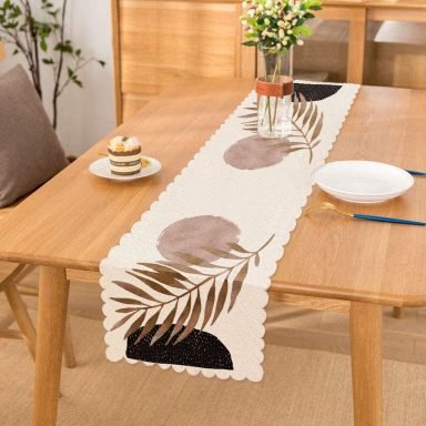 Beyaz Zeminde Soyut Çizim Ay ve Yaprak Motifli Modern Runner