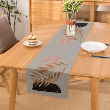 Gri Zeminde Soyut Çizim Ay ve Yaprak Motifli Modern Runner