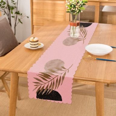 Pembe Zeminde Soyut Çizim Ay ve Yaprak Motifli Modern Runner