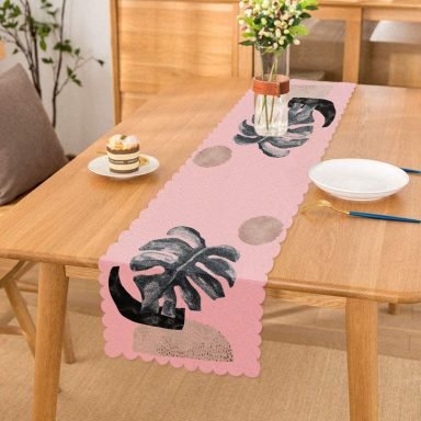 Pembe Zeminde Tropik Yaprak Desen Baskılı Özel Tasarım Runner