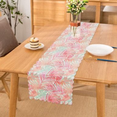 Pembe Ve Mavi Yaprak Desenli Özel Tasarım Dekoratif Runner