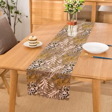 Leopar Temalı Kuru Yaprak Desenli Dijital Baskılı Runner
