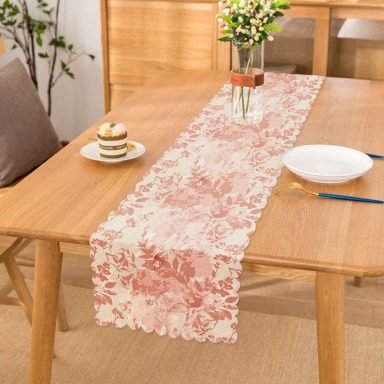 Toz Pembe Çiçek Ve Yaprak Tasarım Dijital Baskılı Runner