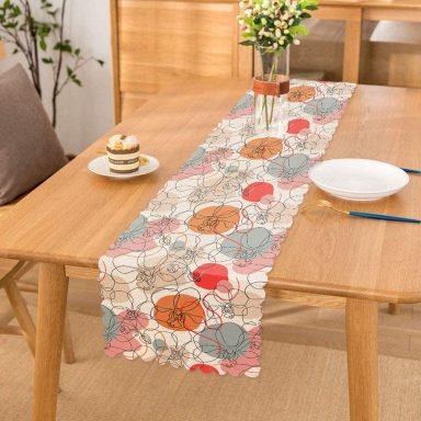 Kırmızı Ve Turuncu Puantiyeli Zeminde Karakalem Çiçek Motifli Runner