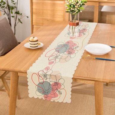 Kırmızı Ve Turucu Şerit Temalı Çiçek Tasrımlı Dekoratif Runner