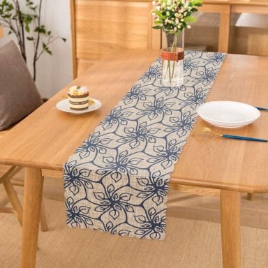 Gri Zemiminde Geometrik Çiçek Motifli Runner