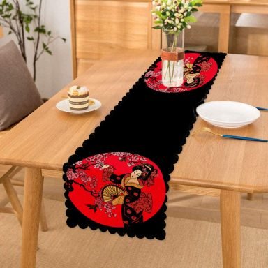 Çiçek Desenli Yelpazeli Japon Kız Motifli Modern Runner