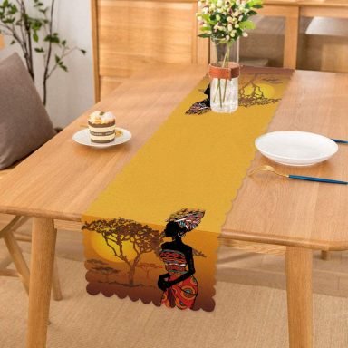 Güneşin Batışındaki Ağaç Zeminli Afrika Kadın Motifli Runner