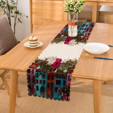 Ev Motifli Dijital Baskılı Dekoratif Runner