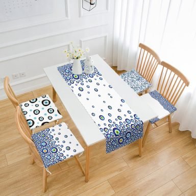 Nazar Boncuklu 4'lü Fermuarlı Sandalye Minderi ve Runner Seti 4 Fermuarlı Sandalye Minderi ve 1 Runner Seti