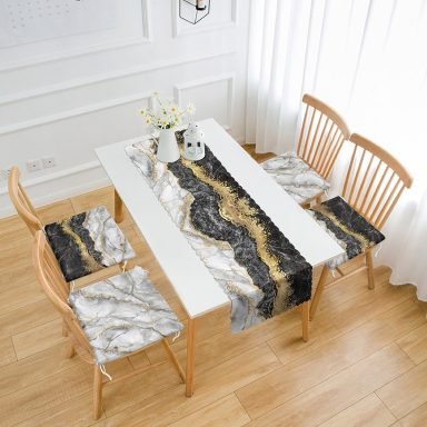 Siyah Mermer Motifli 4 Fermuarlı Sandalye Minderi ve 1 Runner Seti