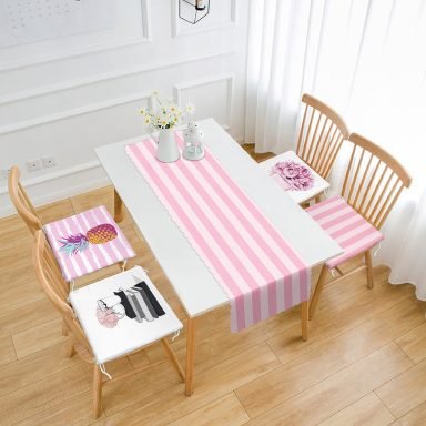 Pembe Çizgili 4 Fermuarlı Sandalye Minderi ve 1 Runner Seti