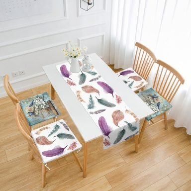 Tüy ve Kuş Tasarımlı Özel Motifli 4 Fermuarlı Sandalye Minderi 1 Runner Seti