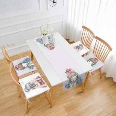 Kahve İçen Kız & Fotoğraf Çeken Kız Tasarımlı 4 Fermuarlı Sandalye Minderi 1 Runner Seti