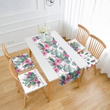 Kaktüs Motifli 4 Fermuarlı Sandalye Minderi ve 1 Runner Seti